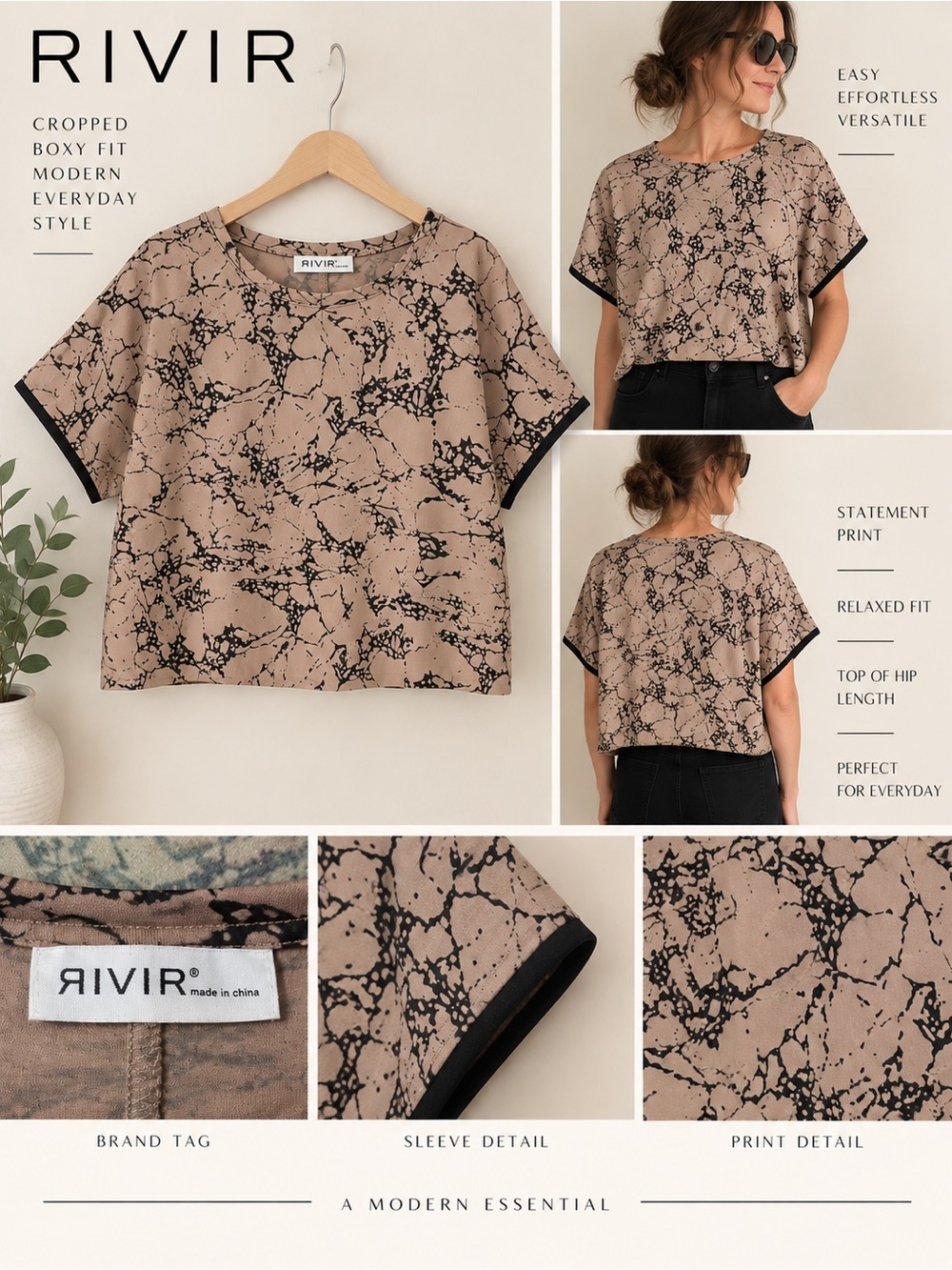RIVIR Taupe Black Abstract Print Cropped Boxy Top